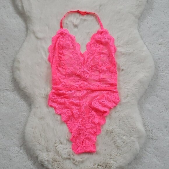 New Hot Pink Embroidered Plunge Teddy Lingerie - Picture 4 of 6